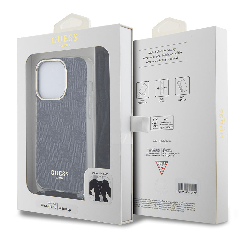 Deksel for Apple iPhone 15 Pro, Guess, Crossbody Cord 4G Print, Svart