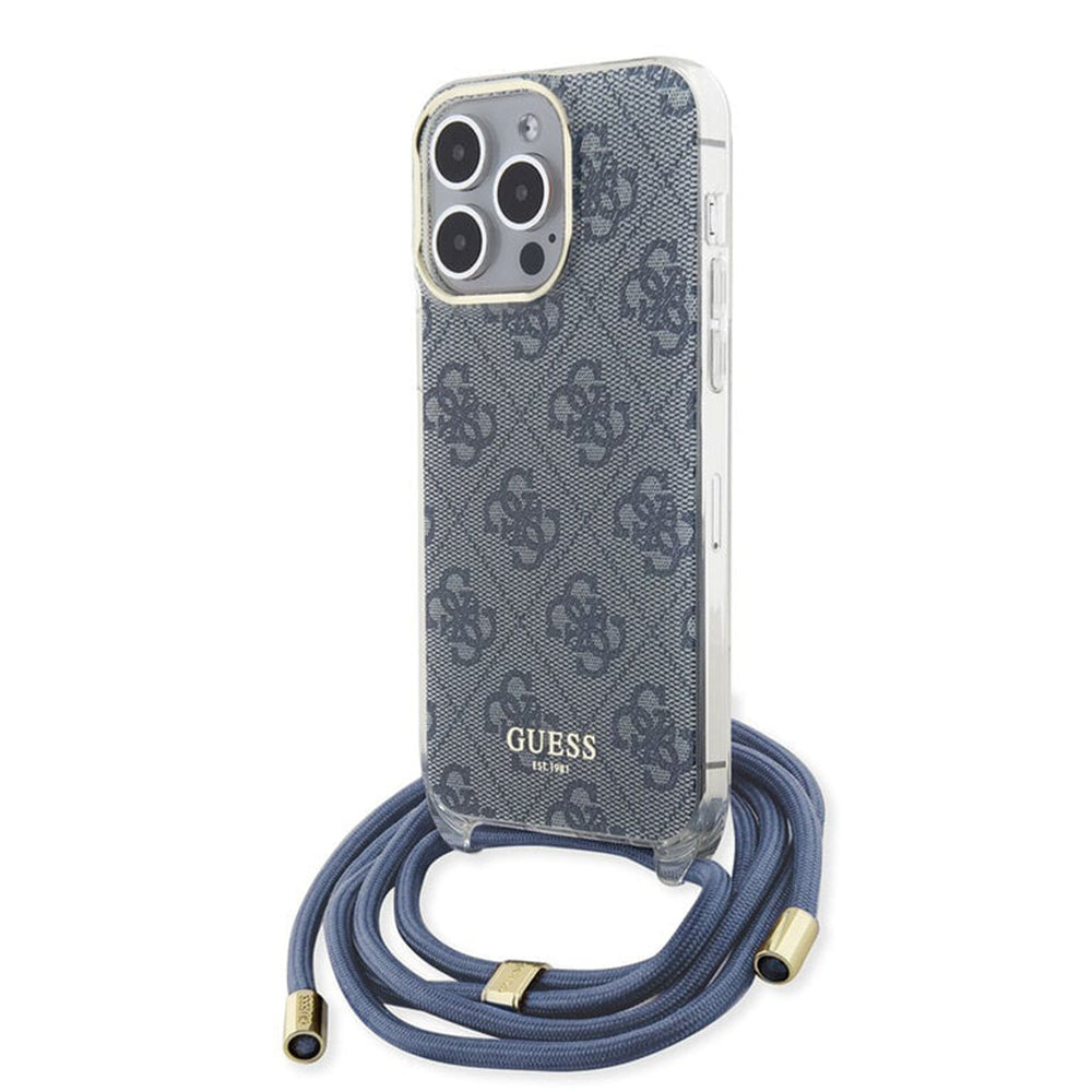 Deksel for Apple iPhone 15 Pro, Guess, Crossbody Cord 4G Print, Blå