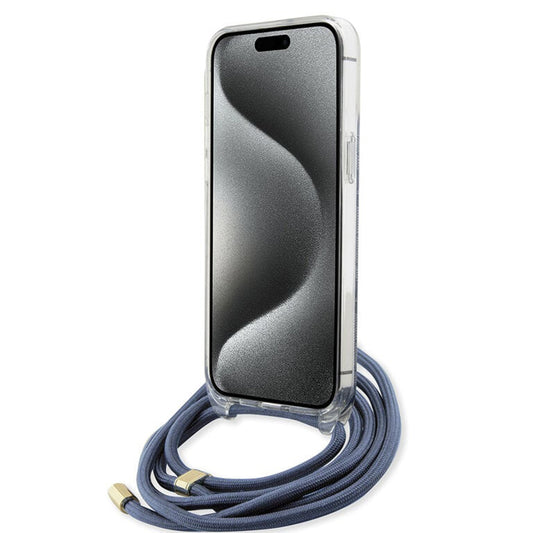 Deksel for Apple iPhone 15 Pro, Guess, Crossbody Cord 4G Print, Blå