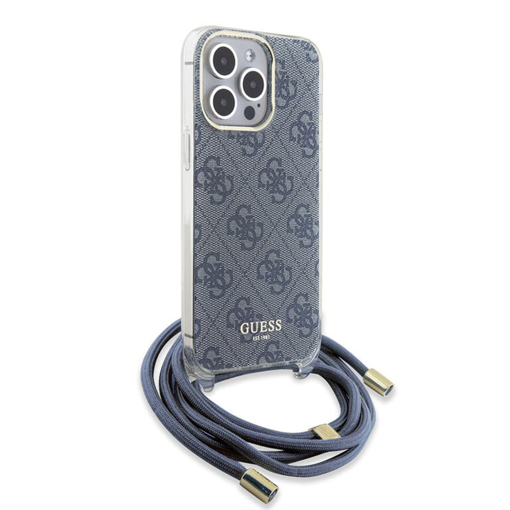 Deksel for Apple iPhone 15 Pro, Guess, Crossbody Cord 4G Print, Blå