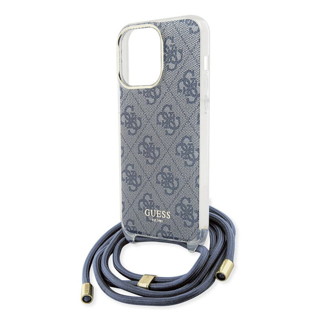 Deksel for Apple iPhone 15 Pro, Guess, Crossbody Cord 4G Print, Blå