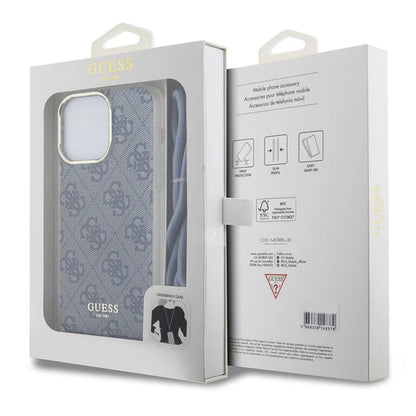 Deksel for Apple iPhone 15 Pro, Guess, Crossbody Cord 4G Print, Blå
