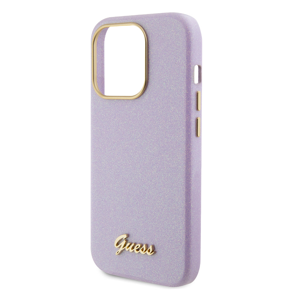 Deksel for Apple iPhone 15 Pro, Guess, Glitter Glossy Script, Lys Lilla