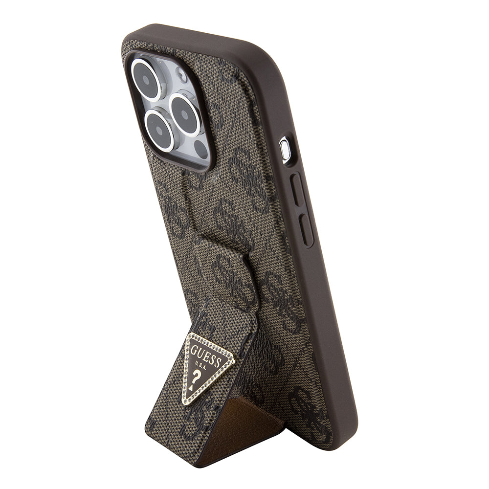Deksel for Apple iPhone 15 Pro, Guess, Grip Stand 4G Triangle Strass, Brun