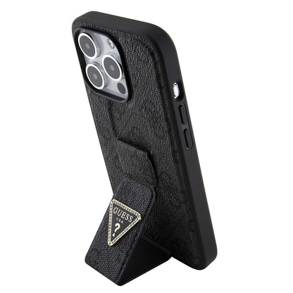 Deksel for Apple iPhone 15 Pro, Guess, Grip Stand 4G Triangle Strass, Svart