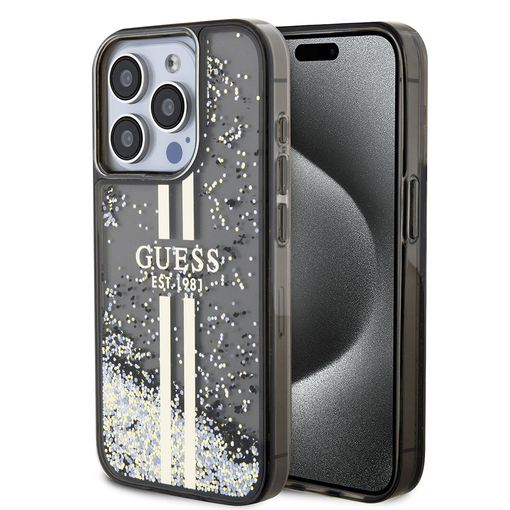 Deksel for Apple iPhone 15 Pro, Guess, Liquid Glitter Gold Stripe, Svart