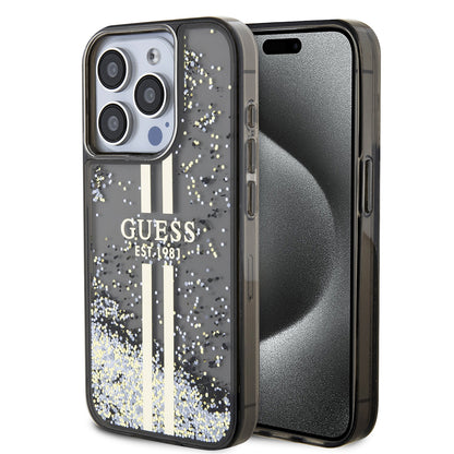 Deksel for Apple iPhone 15 Pro, Guess, Liquid Glitter Gold Stripe, Svart