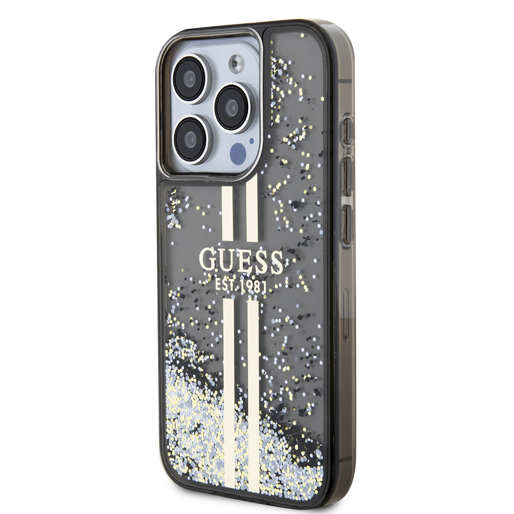 Deksel for Apple iPhone 15 Pro, Guess, Liquid Glitter Gold Stripe, Svart