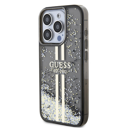 Deksel for Apple iPhone 15 Pro, Guess, Liquid Glitter Gold Stripe, Svart
