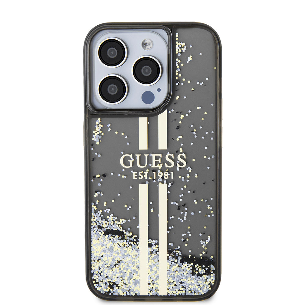 Deksel for Apple iPhone 15 Pro, Guess, Liquid Glitter Gold Stripe, Svart