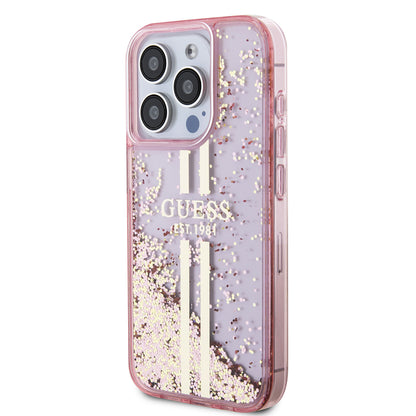 Deksel for Apple iPhone 15 Pro, Guess, Liquid Glitter Gold Stripes, Rosa