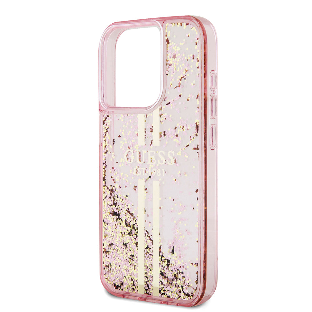Deksel for Apple iPhone 15 Pro, Guess, Liquid Glitter Gold Stripes, Rosa