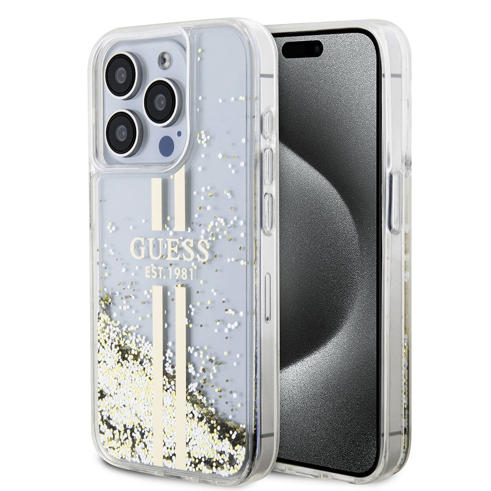 Deksel for Apple iPhone 15 Pro, Guess, Liquid Glitter Gold Stripes, Gjennomsiktig