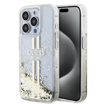 Deksel for Apple iPhone 15 Pro, Guess, Liquid Glitter Gold Stripes, Gjennomsiktig