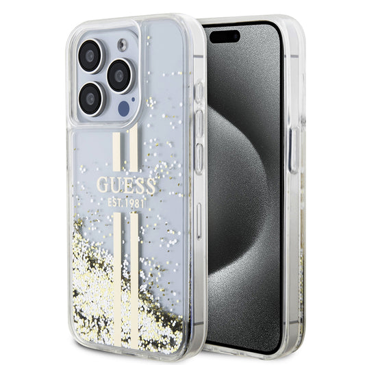 Deksel for Apple iPhone 15 Pro, Guess, Liquid Glitter Gold Stripes, Gjennomsiktig