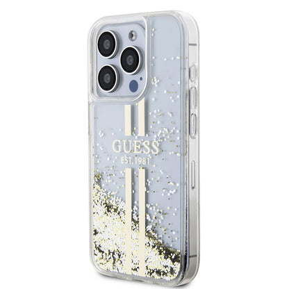 Deksel for Apple iPhone 15 Pro, Guess, Liquid Glitter Gold Stripes, Gjennomsiktig