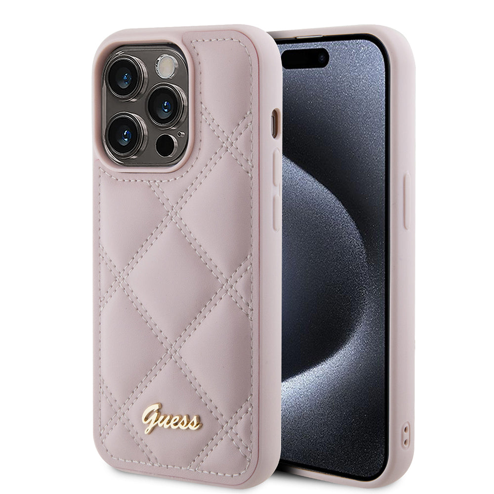 Deksel for Apple iPhone 15 Pro, Guess, Quilted Metal Logo, Rosa