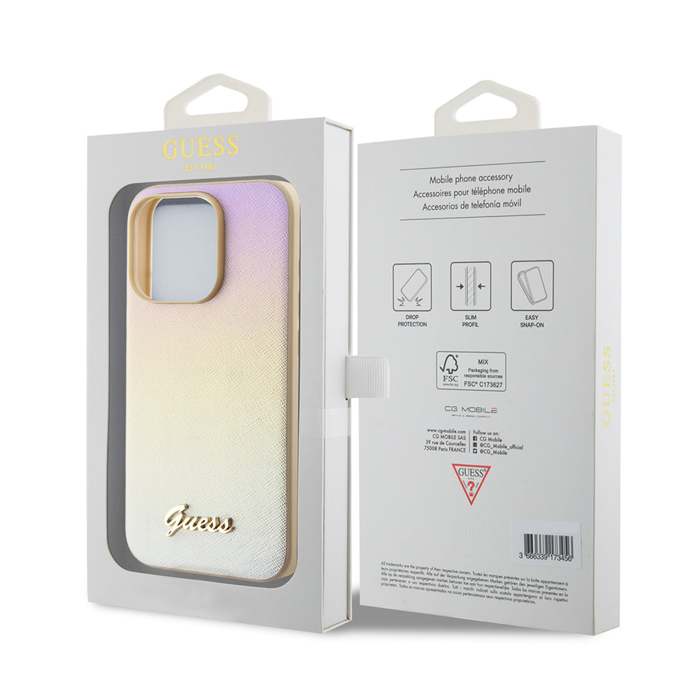 Deksel for Apple iPhone 15 Pro, Guess, Saffiano Iridescent Script, Gull