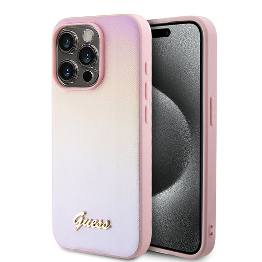 Deksel for Apple iPhone 15 Pro, Guess, Saffiano Iridescent Script, Rosa