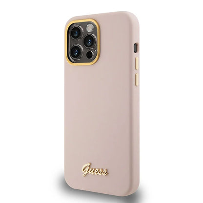 Deksel for Apple iPhone 15 Pro, Guess, Script Metal Logo & Frame, Lys Rosa