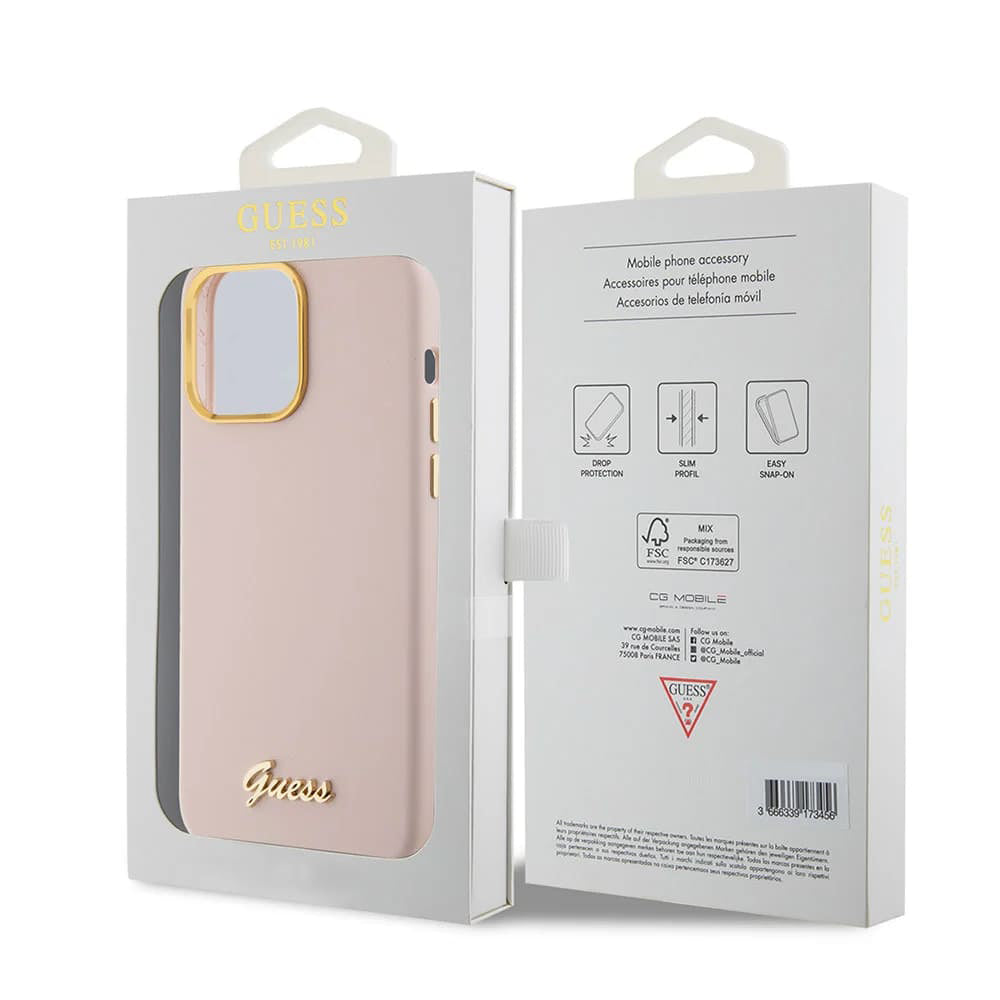 Deksel for Apple iPhone 15 Pro, Guess, Script Metal Logo & Frame, Lys Rosa