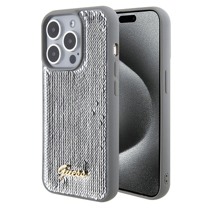 Deksel for Apple iPhone 15 Pro, Guess, Sequin Script Metal, Sølv