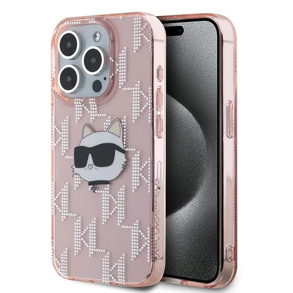 Deksel for Apple iPhone 15 Pro, Karl Lagerfeld, IML Luxury Monogram Choupette's Head, Rosa