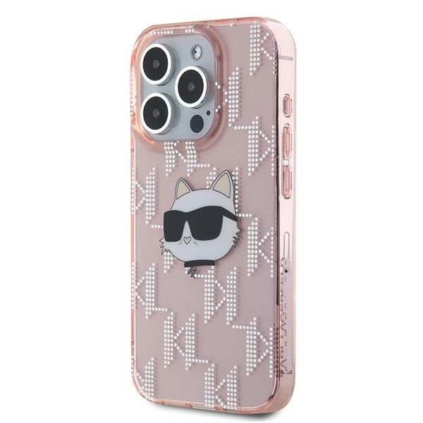 Deksel for Apple iPhone 15 Pro, Karl Lagerfeld, IML Luxury Monogram Choupette's Head, Rosa