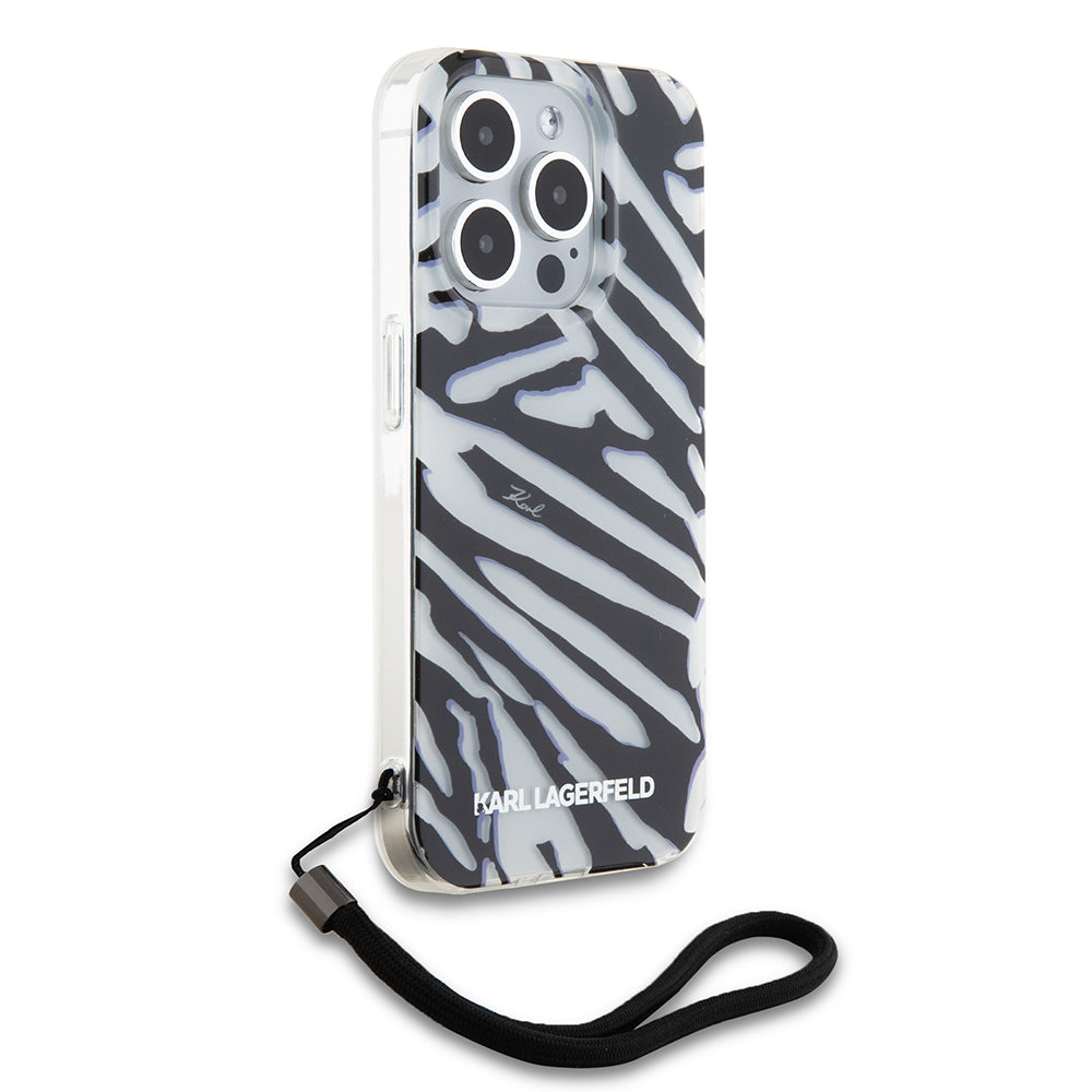 Deksel for Apple iPhone 15 Pro, Karl Lagerfeld, IML Luxury Zebra Pattern with Strap, Svart