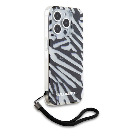 Deksel for Apple iPhone 15 Pro, Karl Lagerfeld, IML Luxury Zebra Pattern with Strap, Svart