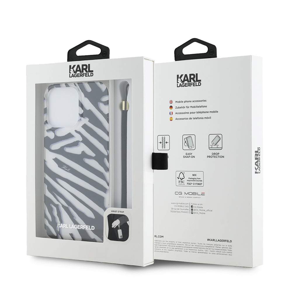 Deksel for Apple iPhone 15 Pro, Karl Lagerfeld, IML Luxury Zebra Pattern with Strap, Svart