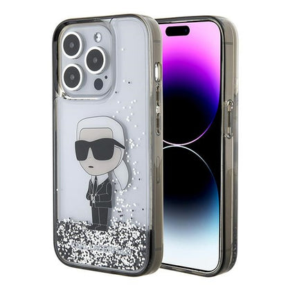 Deksel for Apple iPhone 15 Pro, Karl Lagerfeld, Liquid Glitter Ikonik Karl, Gjennomsiktig