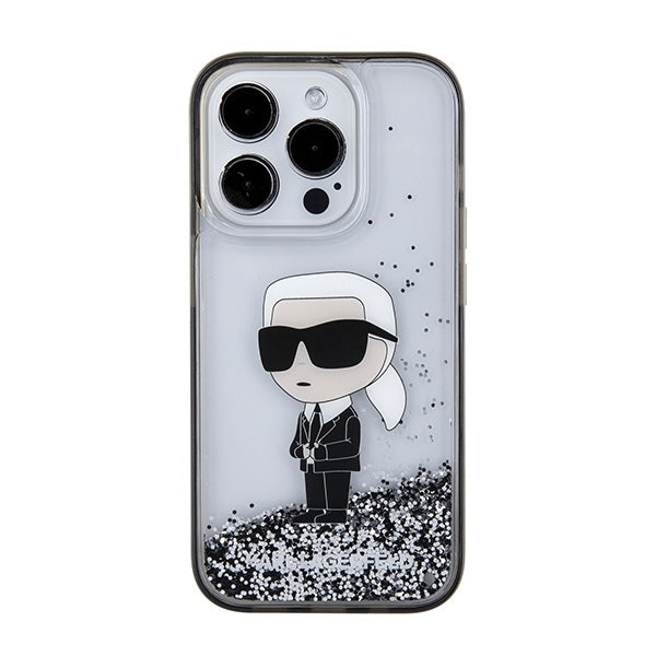 Deksel for Apple iPhone 15 Pro, Karl Lagerfeld, Liquid Glitter Ikonik Karl, Gjennomsiktig