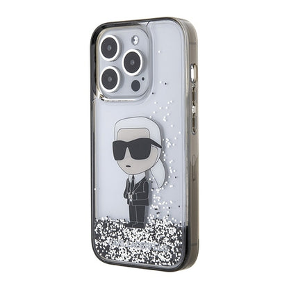 Deksel for Apple iPhone 15 Pro, Karl Lagerfeld, Liquid Glitter Ikonik Karl, Gjennomsiktig
