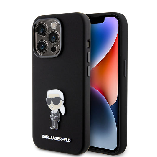 Deksel for Apple iPhone 15 Pro, Karl Lagerfeld, Silicone Metal Ikonik, Svart