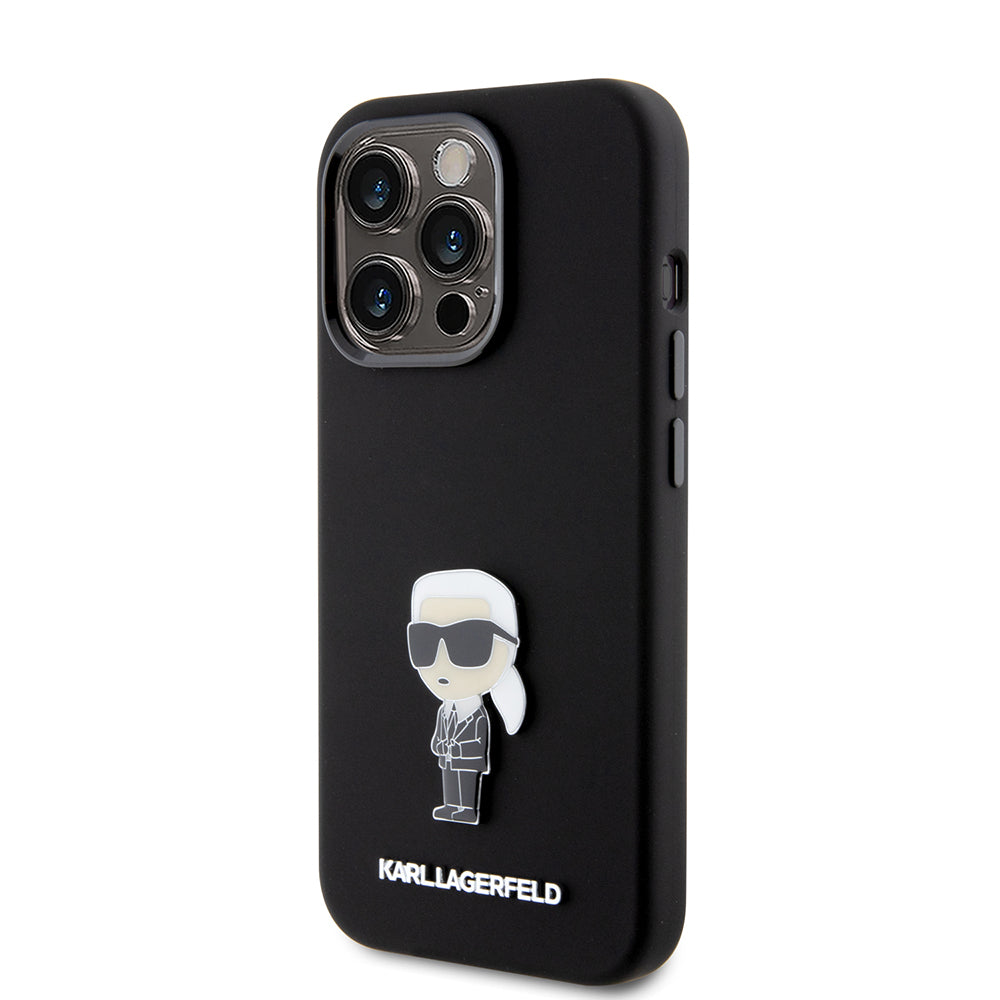 Deksel for Apple iPhone 15 Pro, Karl Lagerfeld, Silicone Metal Ikonik, Svart
