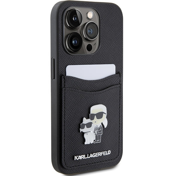 Deksel for Apple iPhone 15 Pro, Karl Lagerfeld, Saffiano Card Slot Metal Karl & Choupette, Svart