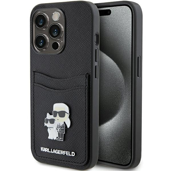 Deksel for Apple iPhone 15 Pro, Karl Lagerfeld, Saffiano Card Slot Metal Karl & Choupette, Svart