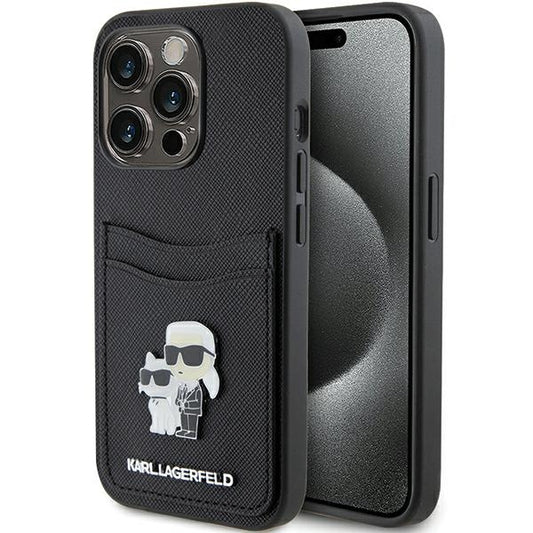 Deksel for Apple iPhone 15 Pro, Karl Lagerfeld, Saffiano Card Slot Metal Karl & Choupette, Svart