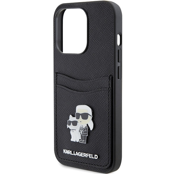Deksel for Apple iPhone 15 Pro, Karl Lagerfeld, Saffiano Card Slot Metal Karl & Choupette, Svart