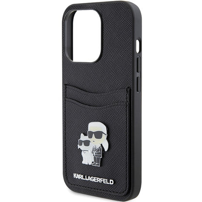 Deksel for Apple iPhone 15 Pro, Karl Lagerfeld, Saffiano Card Slot Metal Karl & Choupette, Svart