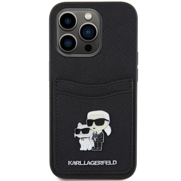 Deksel for Apple iPhone 15 Pro, Karl Lagerfeld, Saffiano Card Slot Metal Karl & Choupette, Svart