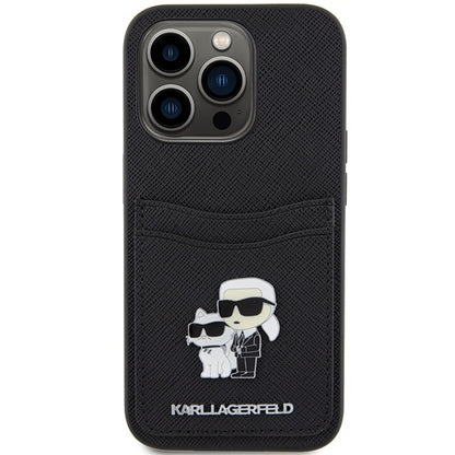 Deksel for Apple iPhone 15 Pro, Karl Lagerfeld, Saffiano Card Slot Metal Karl & Choupette, Svart
