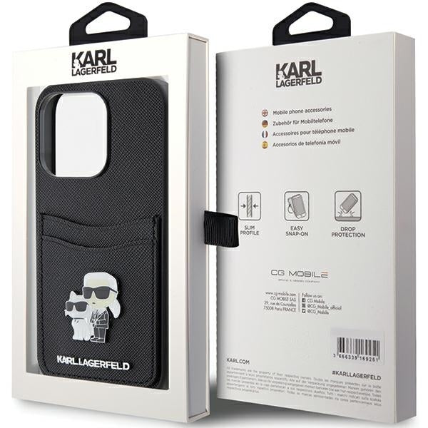Deksel for Apple iPhone 15 Pro, Karl Lagerfeld, Saffiano Card Slot Metal Karl & Choupette, Svart