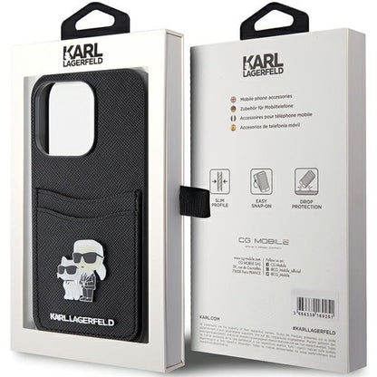Deksel for Apple iPhone 15 Pro, Karl Lagerfeld, Saffiano Card Slot Metal Karl & Choupette, Svart
