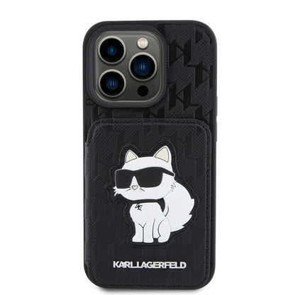Deksel for Apple iPhone 15 Pro, Karl Lagerfeld, Saffiano Cardslots and Stand Monogram Choupette, Svart