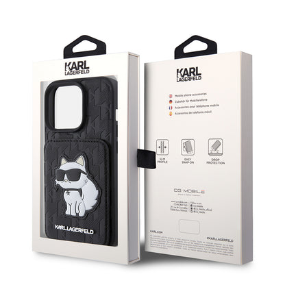 Deksel for Apple iPhone 15 Pro, Karl Lagerfeld, Saffiano Cardslots and Stand Monogram Choupette, Svart