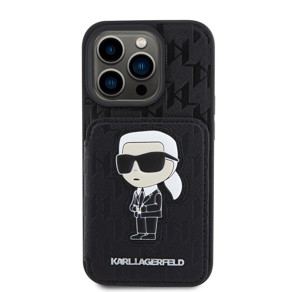 Deksel for Apple iPhone 15 Pro, Karl Lagerfeld, Saffiano Cardslots and Stand Monogram Ikonik Karl, Svart