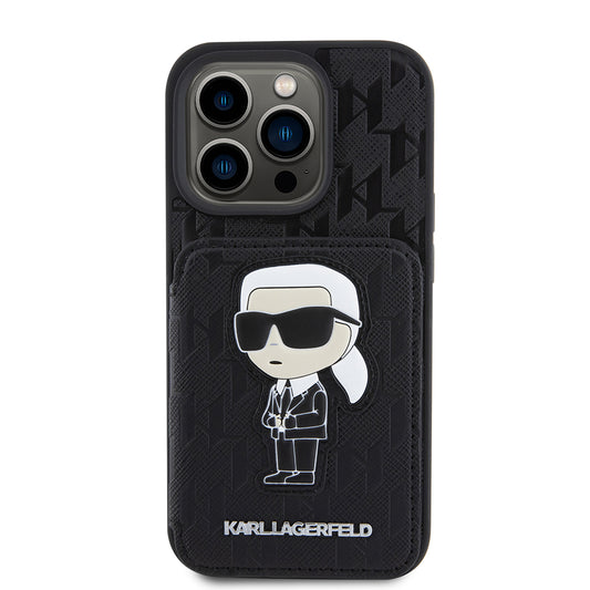Deksel for Apple iPhone 15 Pro, Karl Lagerfeld, Saffiano Cardslots and Stand Monogram Ikonik Karl, Svart