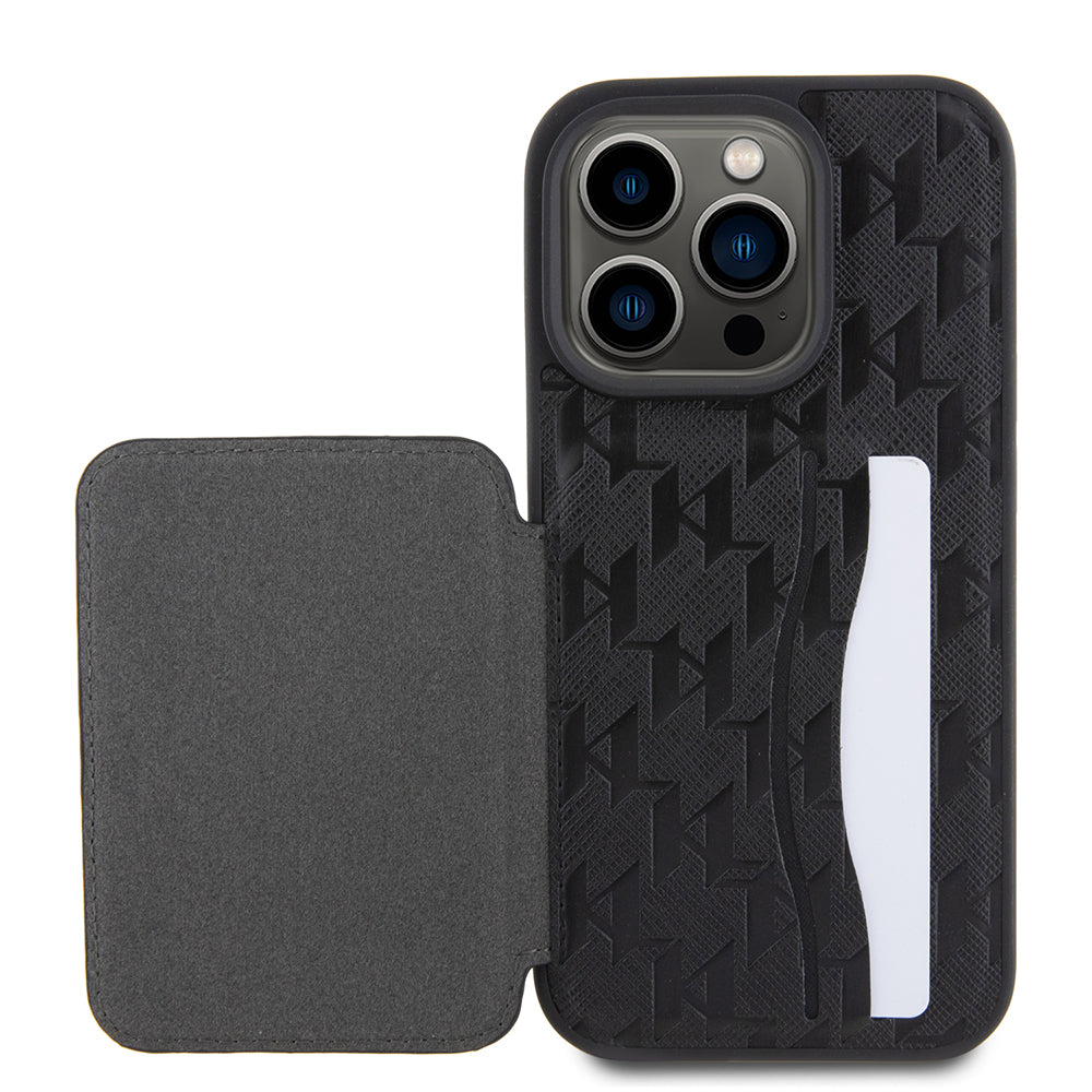 Deksel for Apple iPhone 15 Pro, Karl Lagerfeld, Saffiano Cardslots and Stand Monogram Ikonik Karl, Svart